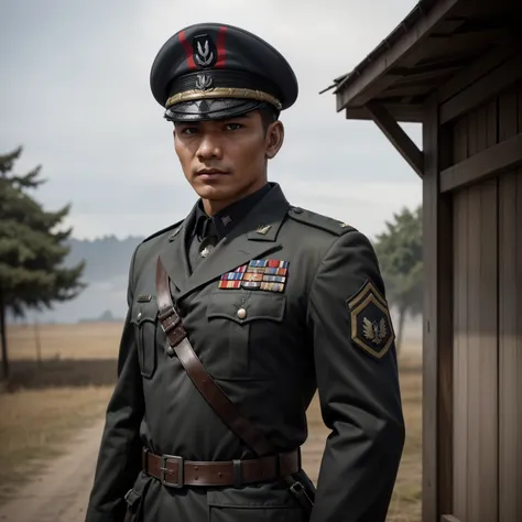 "craft a vivid narrative depicting a strikingly handsome indonesian military officer, his raven-black hair framing sharp feature...