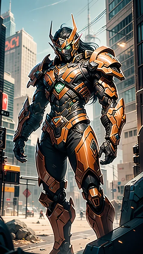 A man wearing a full-face helmet, a fantasy-style biotech armored combat suit, green eyes, (a composite layered chest armor), fully enclosed shoulder guards, matching arm and leg guards, the belt is adorned with Beetle-shaped gem, (the color scheme is prim...