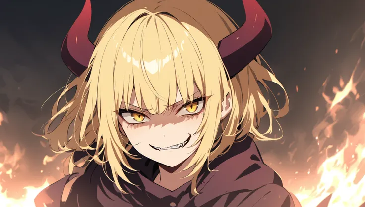 girl,cool, 1 person, Dark atmosphere, A tired face, Blonde, Demon King, Evil smile,