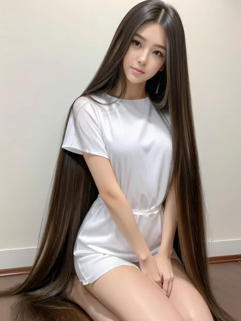 　(Upper Body Shot:1.1)　(She is in a random standing pose, showing off her back and hair to the viewer, in a room with white walls and white decor)　((highest quality)), ((masterpiece)), (Familiar), (Get used to it)　(Reaches up to the kneeVery long hair　high...