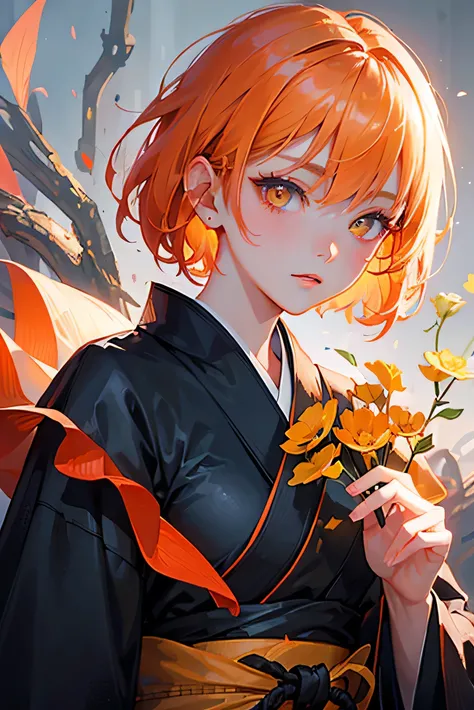 masterpiece, highest quality, so beautiful、up to date、Orange Hair, short hair, Yellow Eyes、Shining Eyes、Beautiful Eyes、A cool adult woman wearing a black kimono and holding a sword、dream、Flowers fall off、Demon slayer、Face close-up