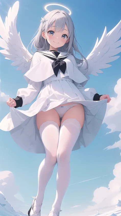 (masterpiece:1.3), (absurdres:1.3), (best quality:1.3), (ultra-detailed:1.3), snow, (((Snowfield))), full body, waving, smile, 1girl, nagisa-fi, halo, white wings, long sleeves, white dress, sailor collar, capelet, white skirt, black pantyhose, white high ...