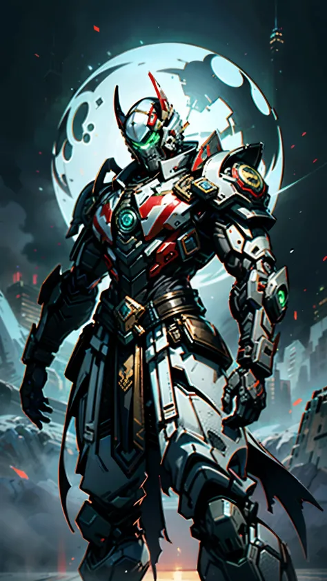 A man wearing a full-face helmet, a fantasy-style biotech armored combat suit, green eyes, (a composite layered chest armor), fully enclosed shoulder guards, matching arm and leg guards, the belt is adorned with fangs biting into orbs, (the color scheme is...