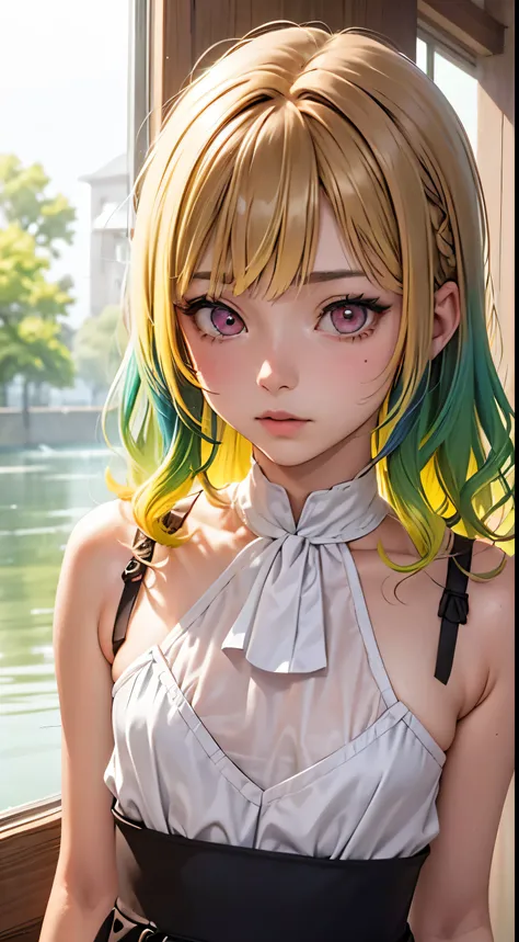 One woman, alone, alone Focus,Full Shot,Beaver,Half water color, Half Green, ((Brown Hair)), (Yellow Hair), (Gradient Hair :1.5), Curly Hair, ((Pink Eyes)), Ultra-detailed eyes, work, White see-through, (Small TI quality, Very detailed,Full Shot