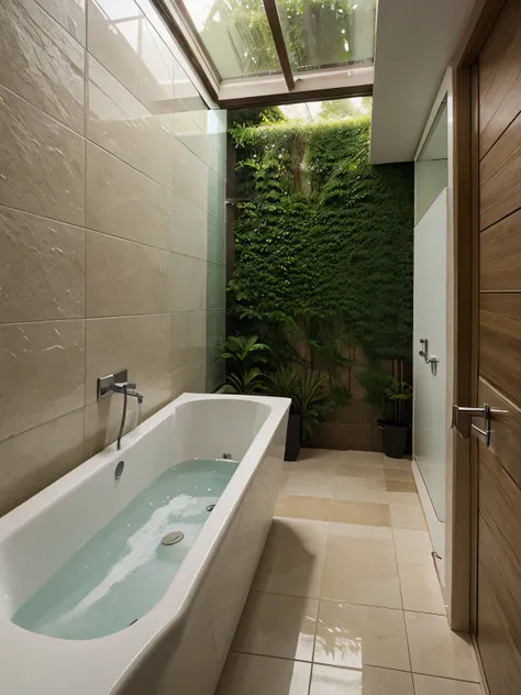 Take a bath at a vanishing point, que tenga lavamanos doble, WC, bidet, regadera, and EU has vegetation 