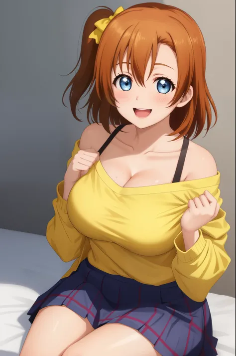 Solo, kousaka honoka, blue eyes, breasts, blush, smile, short_hair, open_mouth, bangs, skirt, large_breasts, shirt, cleavage, bare_shoulders, collarbone, moist shiny skin, off_shoulder, clenched_hands, yellow_shirt, pressing her chest 