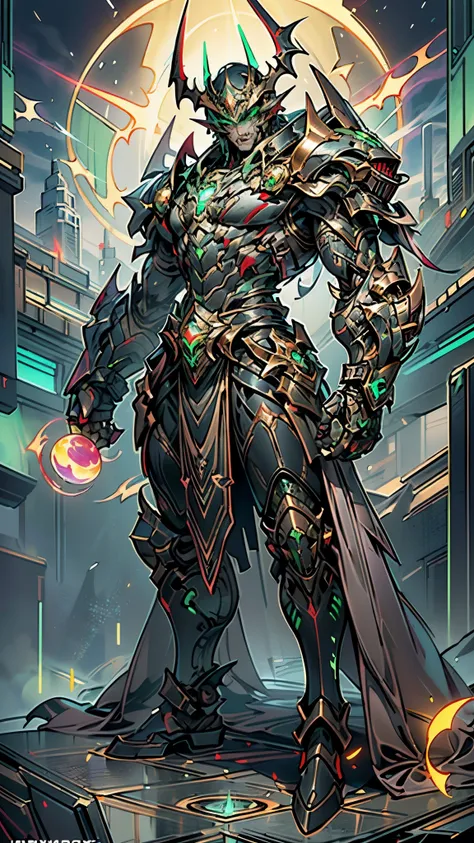 A man wearing a full-face helmet, a fantasy-style biotech armored combat suit, green eyes, (a composite layered chest armor), fully enclosed shoulder guards, matching arm and leg guards, the belt is adorned with fangs biting into orbs, (the color scheme is...