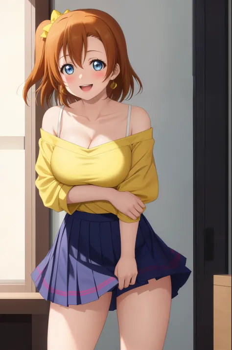 Solo, kousaka honoka, blue eyes, breasts, blush, smile, short_hair, open_mouth, bangs, skirt, large_breasts, shirt, cleavage, bare_shoulders, collarbone, moist skin, off_shoulder, clenched_hands, yellow_shirt, pressing her chest , (skirt between thighs:1.2...