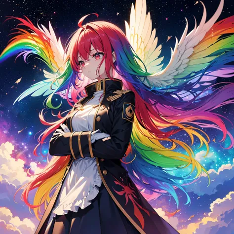 ((fantasy　rainbow hair　make your hair rainbow-colored on the inside　long hair　dull red eyes　have a galaxy　uniform　put on a coat ...