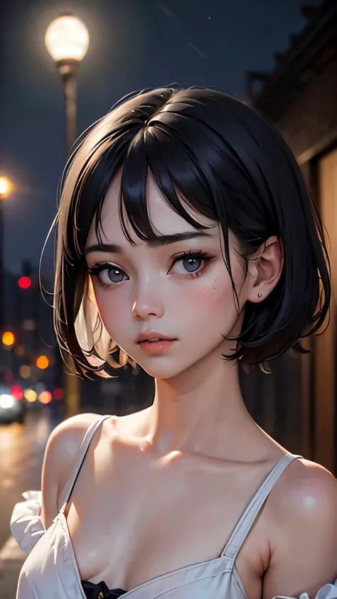 (,Street lamp,moon),masterpiece, One woman, Solo Exhibitions, Beautiful woman with small breasts,Beautiful Goddess Portrait, Beautiful and elaborate face, Porcelain-like skin, (((Full Shot,center, night, Black Hair, short hair)), Very soft lighting, Symmet...