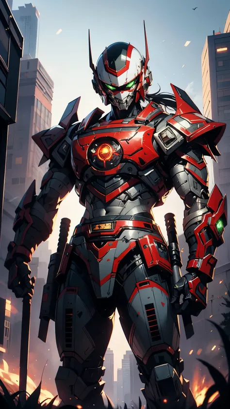 A man wearing a full-face helmet, a fantasy-style biotech armored combat suit, green eyes, (a composite layered chest armor), fully enclosed shoulder guards, matching arm and leg guards, the belt is adorned with fangs biting into orbs, (the color scheme is...