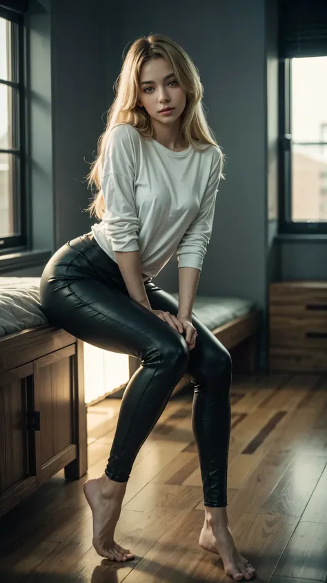 1 girl, 25 years old, Blonde,Delicate face, Exquisite eyes, Exquisite facial features, sweet smile, ((long T shirt)),tight yoga long trousers,Small chest,((Full body shot:1.2)), in the room,Sexy pose, Random pose,Random color of clothes, ((Super Detail, be...