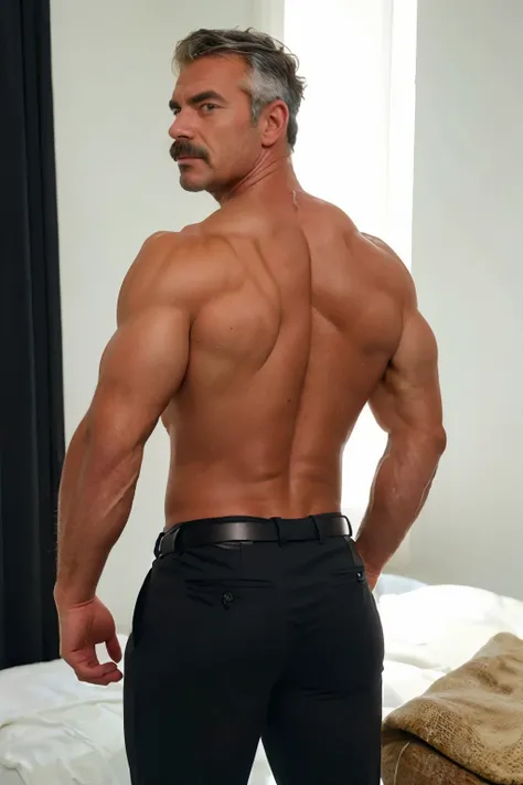 age 60, white man police detective with a mature, backside, kind demeanor, strong and muscular yet chubby build, mustache, wearing dress pants and a buttoned-open translucent shirt that reveals a hairy chest and a noticeable bulge, wearing detective badge ...