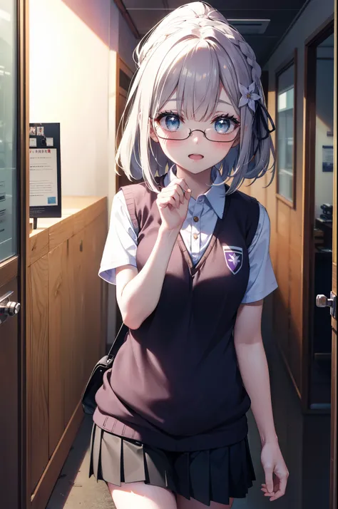rezeroEmilia, Emilia, Braiding, crown Braiding, flower, hair flower, hair ornaments, Purple eyes,Long Hair,Hair Ribbon, smile,blush,Open your mouth,Black Abyss Glasses,ponytail,White Y-shirt,Short sleeve,Sweater vest, (紫色 Sweater vest:1.5), ,Black pleated ...