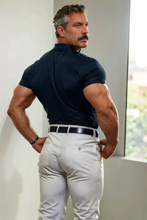 age 60, white man police detective with a mature, backside, kind demeanor, strong and muscular yet chubby build, mustache, weari...