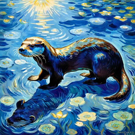 van gogh，a blue otter，Light and Shadow Art