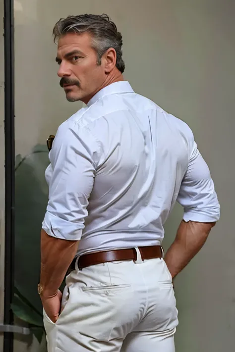 age 60, white man police detective with a mature, backside, kind demeanor, strong and muscular yet chubby build, mustache, wearing dress pants and a buttoned-open translucent shirt that reveals a hairy chest and a noticeable bulge, wearing detective badge ...