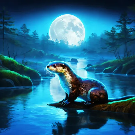 1 glowing otter. (digital art of transparent otter painted with blacklight responsive light blue paint: 1.3, 3d, octane renderin...