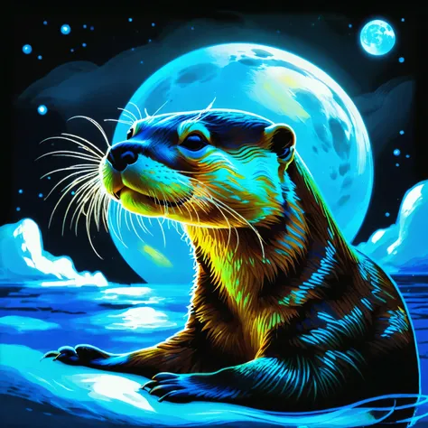 1 glowing otter. (digital art of transparent otter painted with blacklight responsive light blue paint: 1.3, 3d, octane renderin...