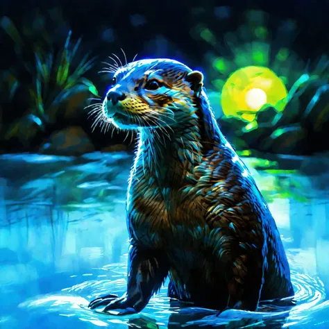 1 glowing otter. (digital art of transparent otter painted with blacklight responsive light blue paint: 1.3, 3d, octane renderin...