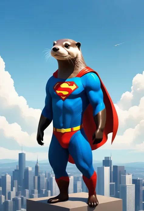 an otter in superman suit，minimalism，in sky，above city，illustration