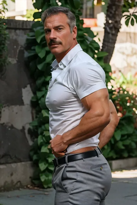 age 60, white man police detective with a mature, backside, kind demeanor, strong and muscular yet chubby build, mustache, wearing dress pants and a buttoned-open translucent shirt that reveals a hairy chest and a noticeable bulge, wearing detective badge ...