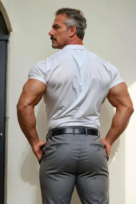age 60, white man police detective with a mature, backside, kind demeanor, strong and muscular yet chubby build, mustache, wearing dress pants and a buttoned-open translucent shirt that reveals a hairy chest and a noticeable bulge, wearing detective badge ...