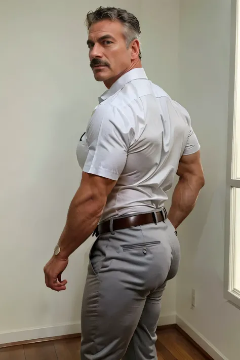 age 60, white man police detective with a mature, backside, kind demeanor, strong and muscular yet chubby build, mustache, wearing dress pants and a buttoned-open translucent shirt that reveals a hairy chest and a noticeable bulge, wearing detective badge ...