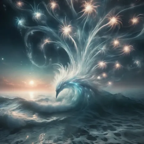 Blend fantasy and reality as 3D fireworks merge with ethereal fractal creatures, symbolizing the sea, their shimmering forms intertwining in a celestial symphony of light and motion, evoking the awe-inspiring beauty of the cosmos.