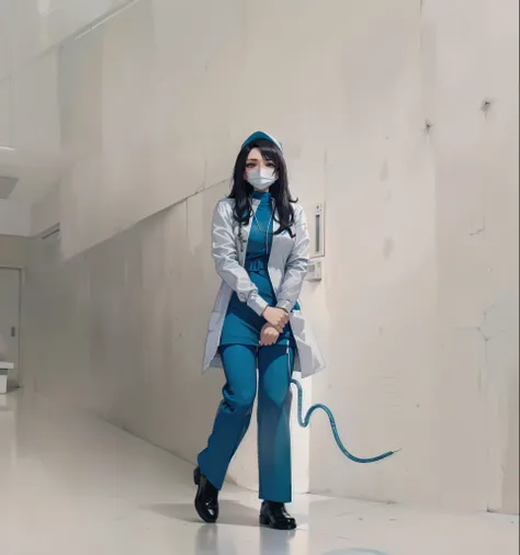 1mujer, Enfermero, Enfermero Cap, white items, ((calzas blancas, zettai ryouiki)), guantes blancos, los anteojos, pelos azules, ((White surgical mask, cubrir la nariz)), de pie, ((cuarto de hospital)), sharp contour, mangas cortas, una mujer madura, 35 yea...