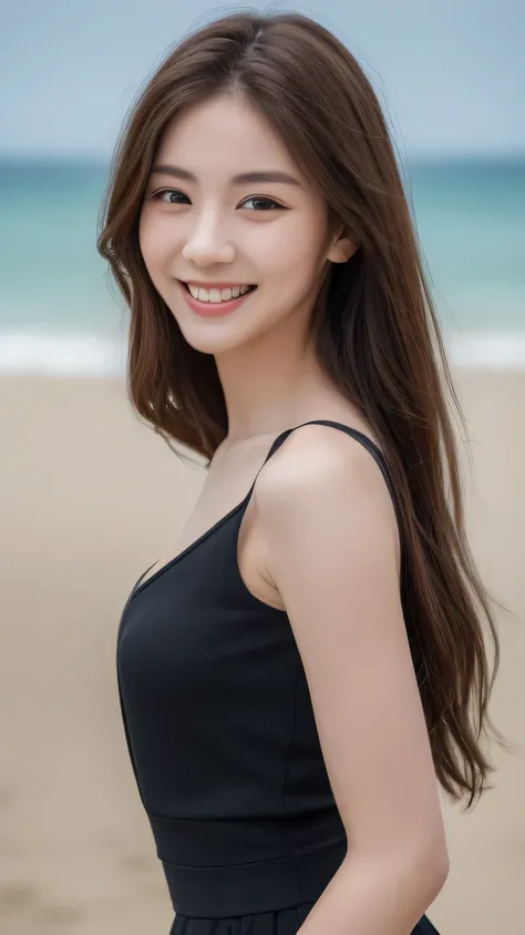 ((highest quality, 8k, masterpiece: 1.3)), Clear focus: 1.2, 1 girl, Perfect figure: 1.4, Slim Abs: 1.1, ((Dark brown hair)), Black Dress, (Outdoor, noon: 1.1), blurred beach background, Very beautiful face, Beautiful Eyes, double eyelid,smile,Dimples,