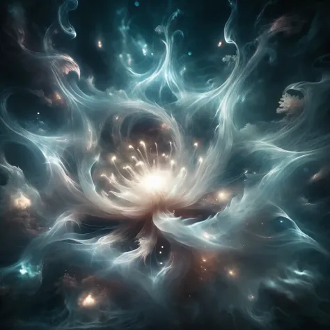 Blend fantasy and reality as 3D fireworks merge with ethereal fractal creatures, symbolizing the sea, their shimmering forms intertwining in a celestial symphony of light and motion, evoking the awe-inspiring beauty of the cosmos.