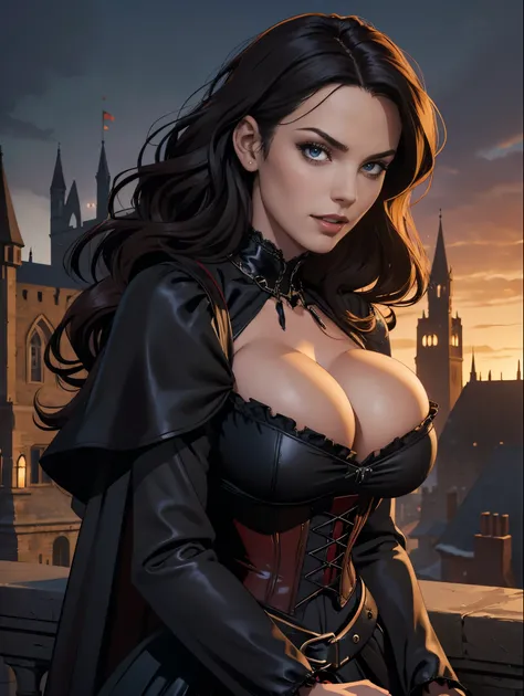 (masterpiece, top quality, best quality, official art, beautiful and aesthetic:1.2), (1girl:1.3), long and curly dark brown hair, ((extravagant updo)), Victorian style, extremely detailed, portrait, looking at viewer, solo, (full body:0.6), detailed backgr...