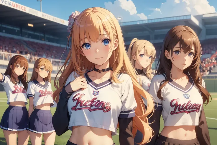 5girls, (multiple girls), highly detailed, best quality, illustration, game cg, perfect anatomy, beautiful cute face girl, beautiful hair, beautiful detailed eyes, choker, cheerleader, midriff, tight top, school field, natural lighting, aichan, latifa fleu...