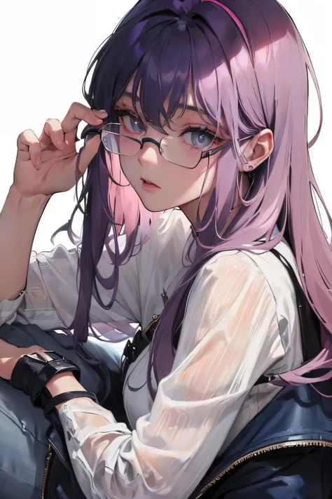 (Top resolution、Distinct_image)top-quality、femele、​masterpiece、ighly detailed、Semi-realistic、dark blue hair、Dark hair、grey  eyes、bangss、21years old、Mature、young、comfy clothes、Exquisite facial features、Facial features, pink color shade hair, glasses, white ...