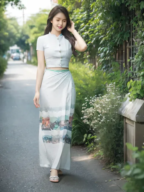 detailed face and fingers, skin retouch, RAW, walking in Village street, beautiful young woman, wearing white acmm top, short sleeves white acmm top, buttons, wearing acmm long skirt, white and green printed acmm long skirt, , ((slim, petite)),  realistic ...