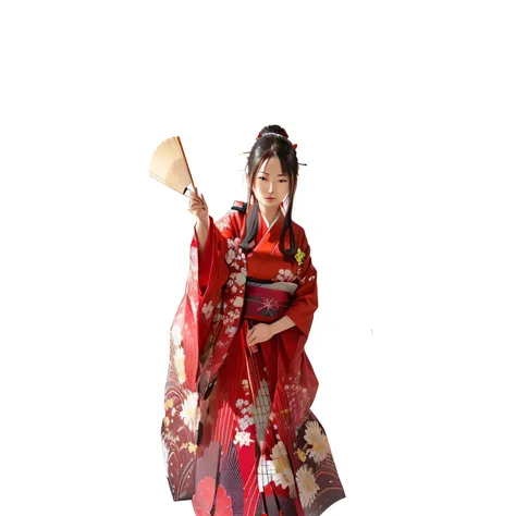 A woman in a red kimono holding a folding fan and a uchiwa fan, Japanese woman, traditional Japanese, Japanese kimono, red kimono, Japanese, wearing a haori, What I&#39;m wearing, wear Kimono, Kano Tanyou, hakama kimono, geisha, by Nishida Shunei, Japanese...