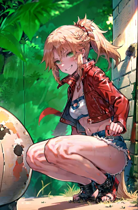 masterpiece, best quality, illustration, city street, 1girl, mordred \(fate\), cowboy shot, collarbone, detailed blond hair pony...