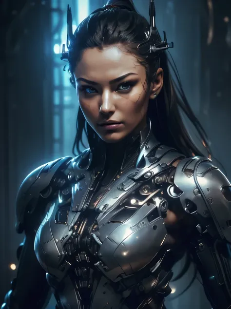 ((Masterpiece, top quality, highly detailed, high resolution, photorealistic, sharp focus, cinematic lighting)), ((solo woman, middle shot, focus from the chest up, face light)), high contrast , Warflame close-up, monocular lens, wearing intricately patter...