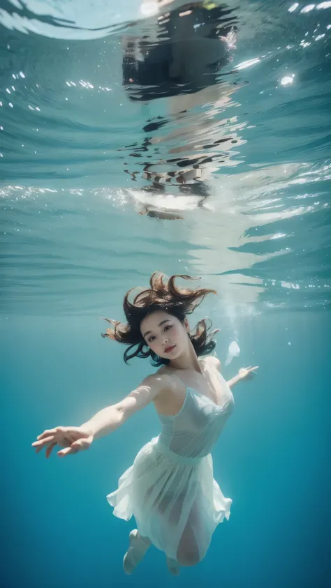 dancing ballerina underwater,beautiful detailed eyes and lips,graceful pose,best quality,realistic,underwater world,flowing dress,sunlight streaming through water,ethereal beauty,subtle colors,soft lighting,hair flowing,submerged body,underwater ballet,gra...