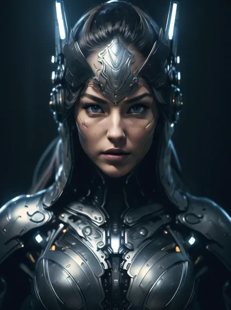((Masterpiece, top quality, highly detailed, high resolution, photorealistic, sharp focus, cinematic lighting)), ((solo woman, middle shot, focus from the chest up, face light)), high contrast , Warflame close-up, monocular lens, wearing intricately patter...