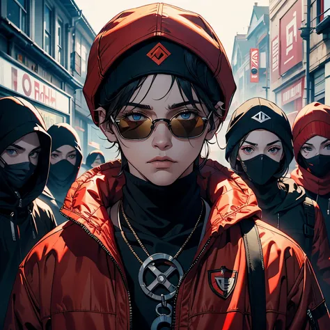 Roadman UK, wearing a ski mask, wearing a drip jacket, Realistic, Red Hat, Wearing red clothes, Surrounded by people passing by, Badass poses,6 people,Everyone poses for the camera, Shadow,close up of 6 people