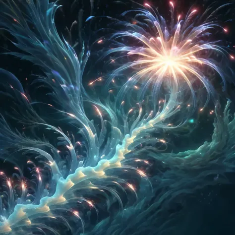 Blend fantasy and reality as 3D fireworks merge with ethereal fractal creatures, symbolizing the sea, cascading down in a dreamlike deluge of color and shape, their ephemeral presence evoking the mysterious depths of the ocean.