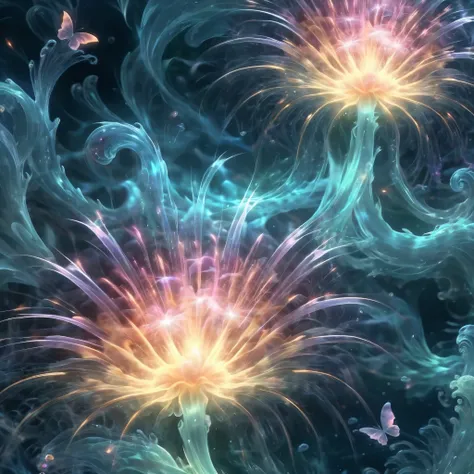 Blend fantasy and reality as 3D fireworks merge with ethereal fractal creatures, symbolizing the sea, cascading down in a dreamlike deluge of color and shape, their ephemeral presence evoking the mysterious depths of the ocean.