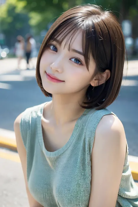 Fine、High resolution、high quality、Perfect dynamic composition、Beautiful Eyes、short hair、Bobcut、Natural color lip、Gods、Shibuya、An 18-year-old Japanese girl is in the center of the photo.、Clear skin、Shiny Hair、Mastepiece、最high quality、An illustration、Super f...