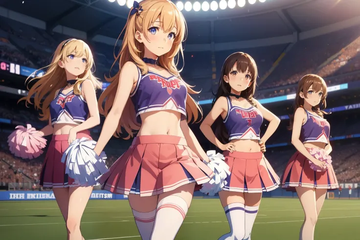 5girls, (multiple girls), highly detailed, best quality, illustration, game cg, perfect anatomy, beautiful cute face girl, beautiful hair, beautiful detailed eyes, choker, (cheerleader), midriff, school field, natural lighting, aichan, latifa fleuranza, yu...