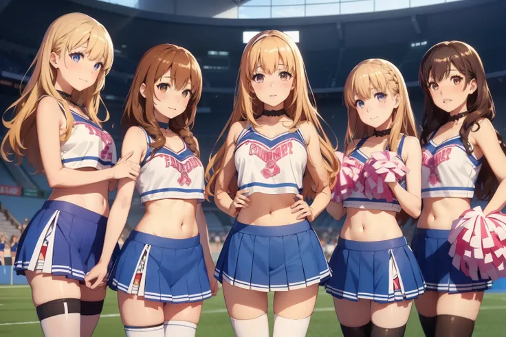 5girls, (multiple girls), highly detailed, best quality, illustration, game cg, perfect anatomy, beautiful cute face girl, beautiful hair, beautiful detailed eyes, choker, (cheerleader), midriff, school field, natural lighting, aichan, latifa fleuranza, yu...