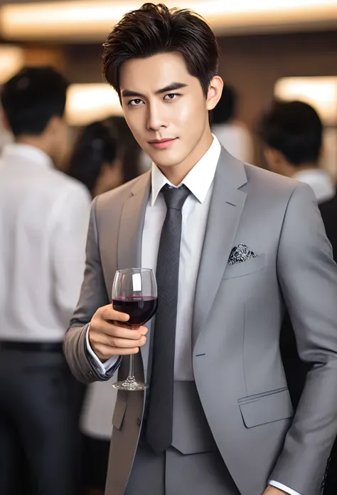 Best quality:1.1) (True:1.1)， (photography:1.1)， (Highly detailed:1.1)，Looking at the audience，armband，Holding a red wine glass，eyelash，confidence，Straight suit，Evil Smile，Handsome CEO，Chinese handsome guy (Very detailed eyes and face)，(Lighting on the fac...