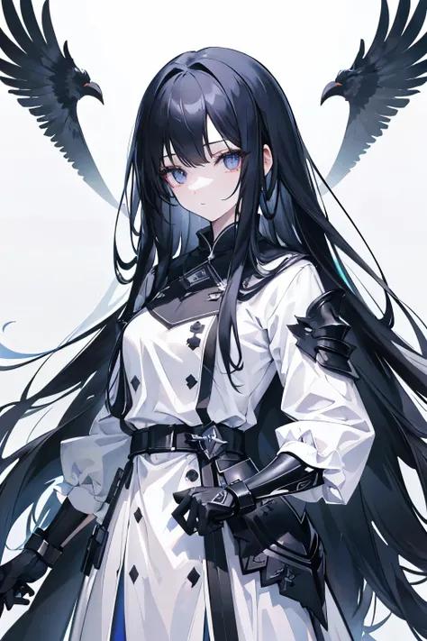 girl,Long Black Hair, The inside of the hair is blue、Iris,White coat,uniform、masterpiece, highest quality, Super detailed, Downcast eyes,Tabletop, highest quality), (Perfect athletic body:1.2),8K High Resolution, Trend Art Station, White Background, Standi...