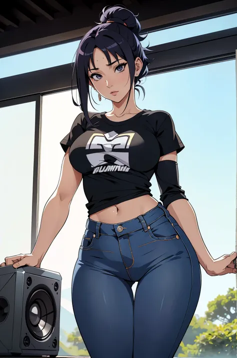 (Hinata Hyuga, muito sensual, com roupas apertadas, bunda grande, pernas grossas, Wearing extremely tight jeans, usando uma mini blusa, umbigo com pirsing, cabelo grande, Speaker behind, muito realista, extremamente sexy, 8k, 8k extremamente detalhado), (u...